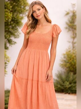 Sincerely Jules Milkmaid Tiered Maxi Dress Sleeveless Flutter Sleeve Coral Large